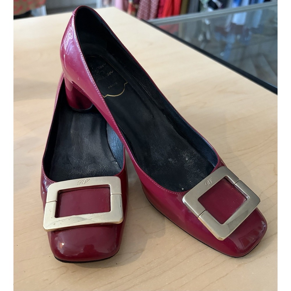 Roger Vivier Pump Women 39 Wine Patent Leather Gold Buckle Block Heel Square Toe